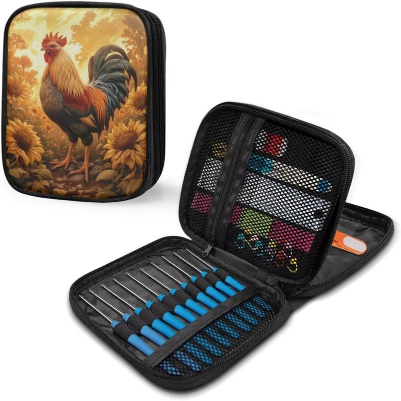 Xsehusvy Rooster Sunflower Fabric Crochet Kit for Crochet Beginner Washable Crochet Hook Case with Mesh Pockets Portable Crochet Bag Knitting Organizing Bag Easy to Carry - Image 5